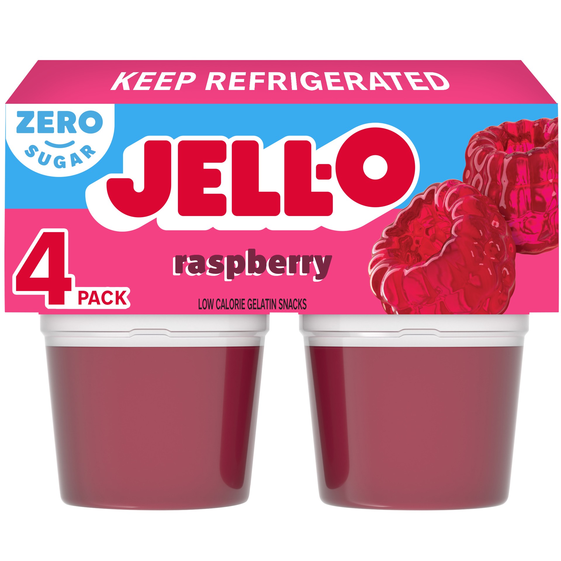 slide 1 of 9, Jell-O Raspberry Artificially Flavored Zero Sugar Ready-to-Eat Gelatin Snack Cups, 4 ct Cups, 4 ct; 12.5 oz