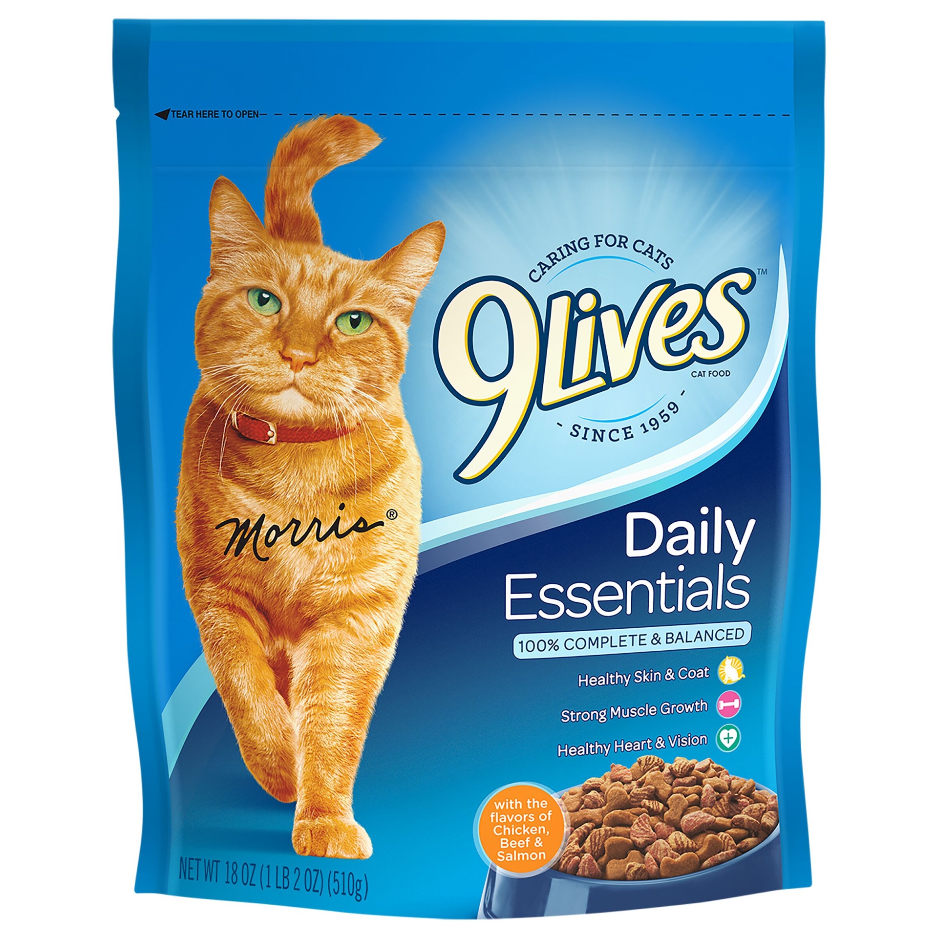 slide 1 of 1, 9Lives Daily Essential Chicken, Beef & Salmon, 18 oz