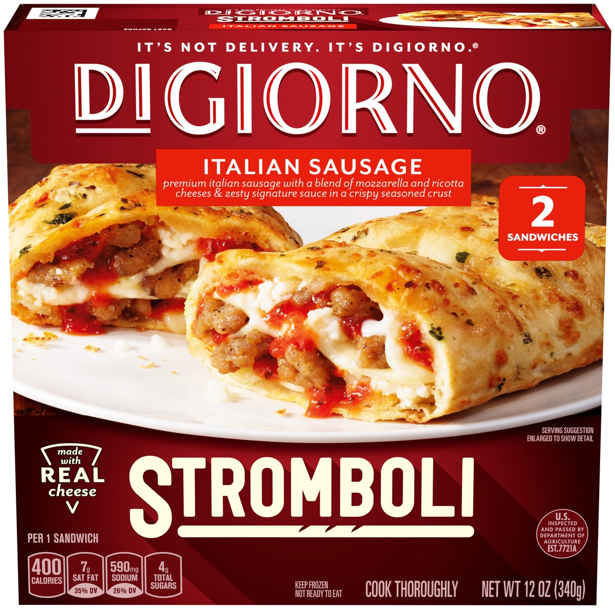 slide 4 of 13, DIGIORNO Stromboli Italian Sausage Frozen Sandwiches - 2 Count Frozen Pizza Snacks, 12 oz