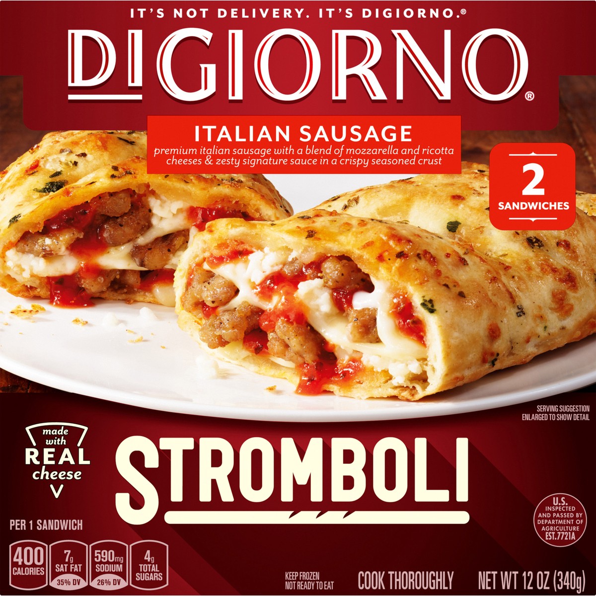 slide 12 of 13, DIGIORNO Stromboli Italian Sausage Frozen Sandwiches - 2 Count Frozen Pizza Snacks, 12 oz