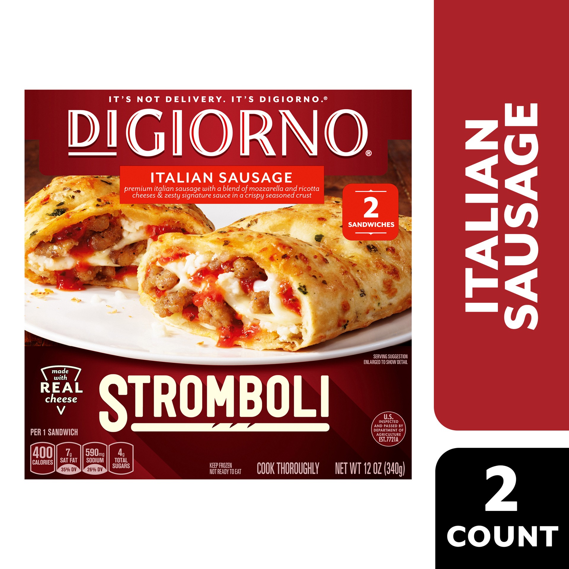 slide 1 of 13, DIGIORNO Stromboli Italian Sausage Frozen Sandwiches - 2 Count Frozen Pizza Snacks, 12 oz