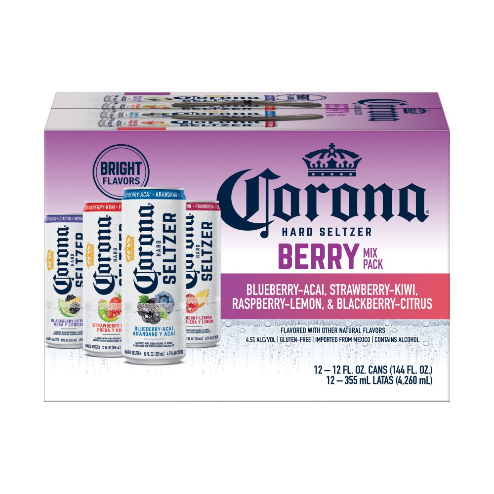 slide 1 of 6, Corona Hard Seltzer Berry Mix Variety Pack Gluten Free, 12 pk 12 fl oz Cans, 4.5% ABV, 12 ct 12 fl oz