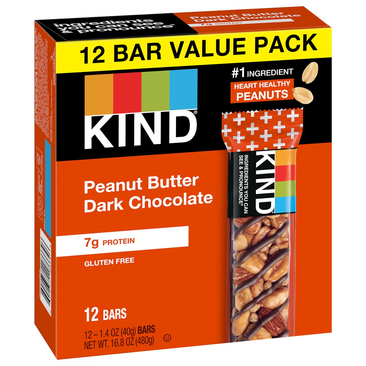 slide 8 of 9, KIND Healthy Snack Bar Value Pack, Peanut Butter Dark Chocolate, 7g Protein, Gluten Free Bars, 1.4 OZ, (12 Count), 12 ct