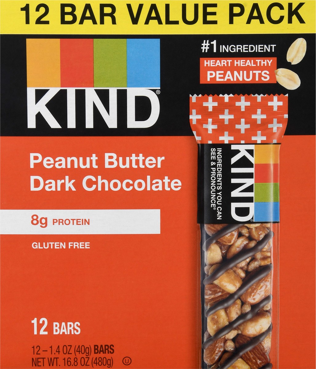 slide 5 of 9, KIND Healthy Snack Bar Value Pack, Peanut Butter Dark Chocolate, 7g Protein, Gluten Free Bars, 1.4 OZ, (12 Count), 12 ct