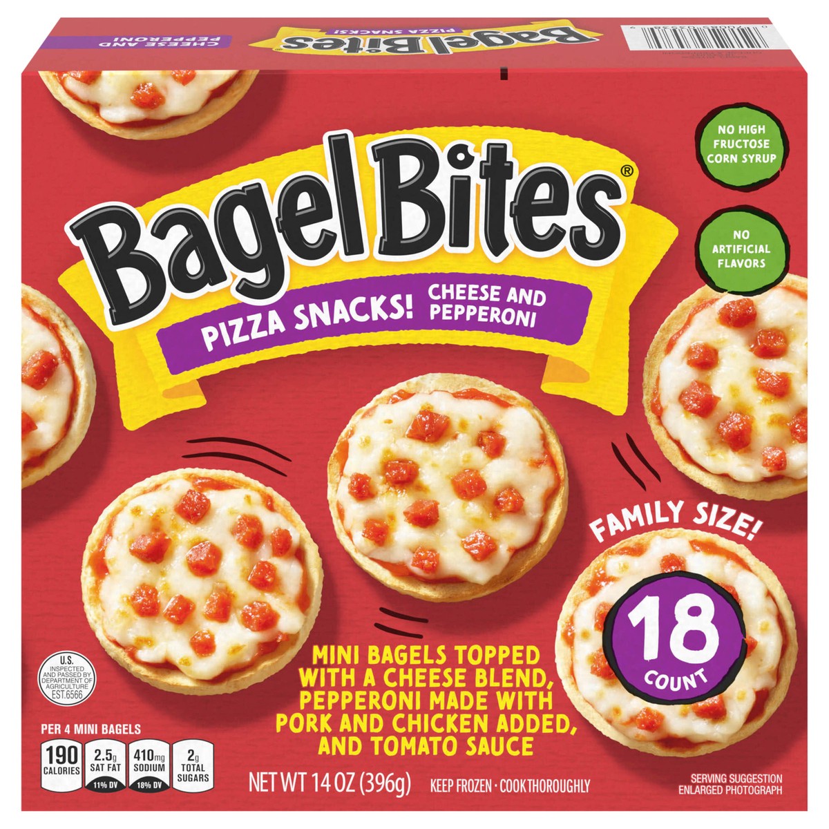 slide 1 of 5, Bagel Bites Mini Pizza Bagel Frozen Snacks, 1 Box, for After-School and Late Night Snacking, Cheese and Pepperoni, No High-Fructose Corn Syrup and No Artificial Flavors, 18 ct, 18 ct