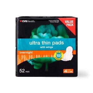 slide 1 of 1, CVS Health Ultra Thin Pads With Wings, Overnight, 52 Ct, 52 ct