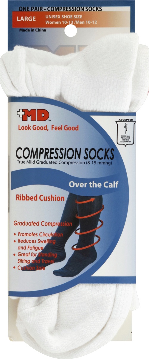slide 2 of 2, +MD Socks Compression Over the Calf Ribbed Cushion Unisex Large White - Each, 