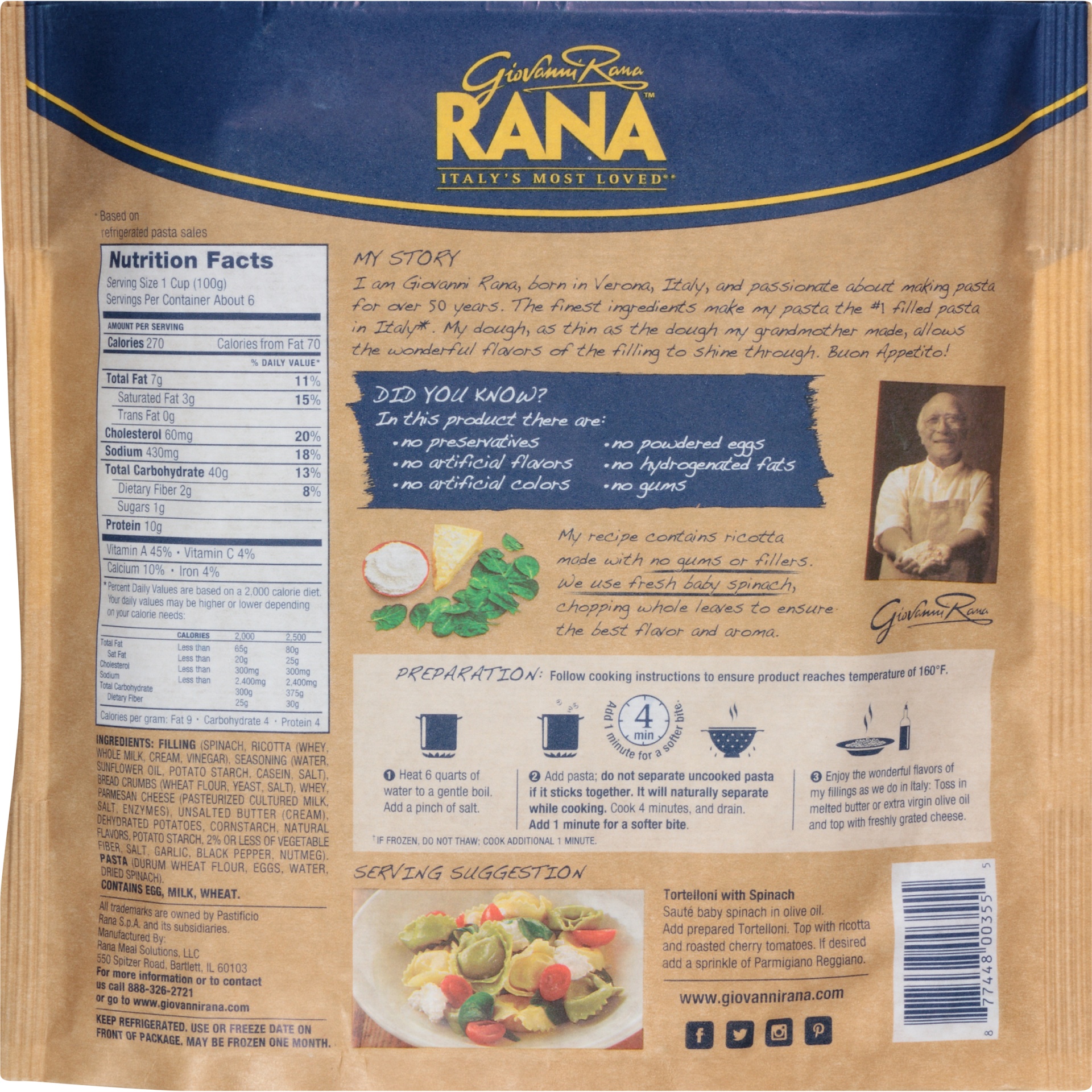 slide 7 of 7, Rana Spinach & Cheese Tortelloni 20 oz Refrigerated Pasta, 20 oz