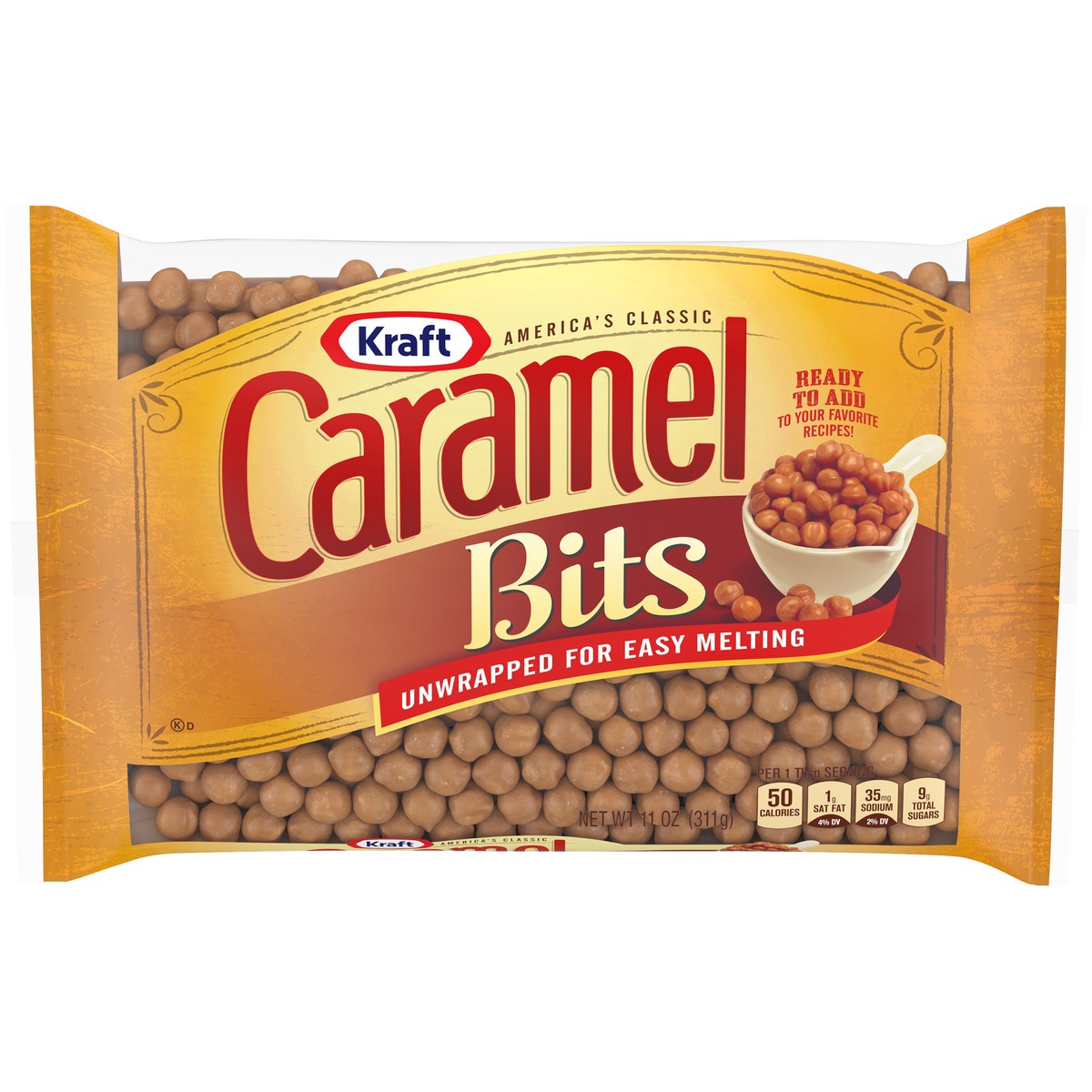 slide 1 of 9, Kraft America's Classic Unwrapped Candy Caramel Bits for Easy Melting, 11 oz Bag, 