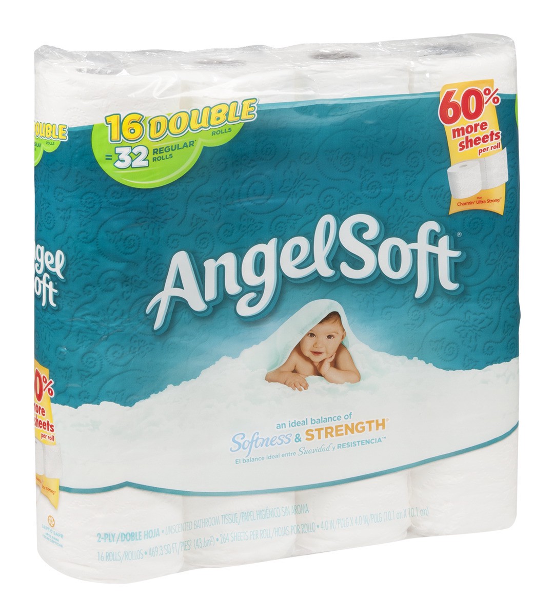 slide 2 of 9, Angel Soft Softness & Strength Unscented 2-Ply Double Rolls Bathroom Tissues, 16 ct