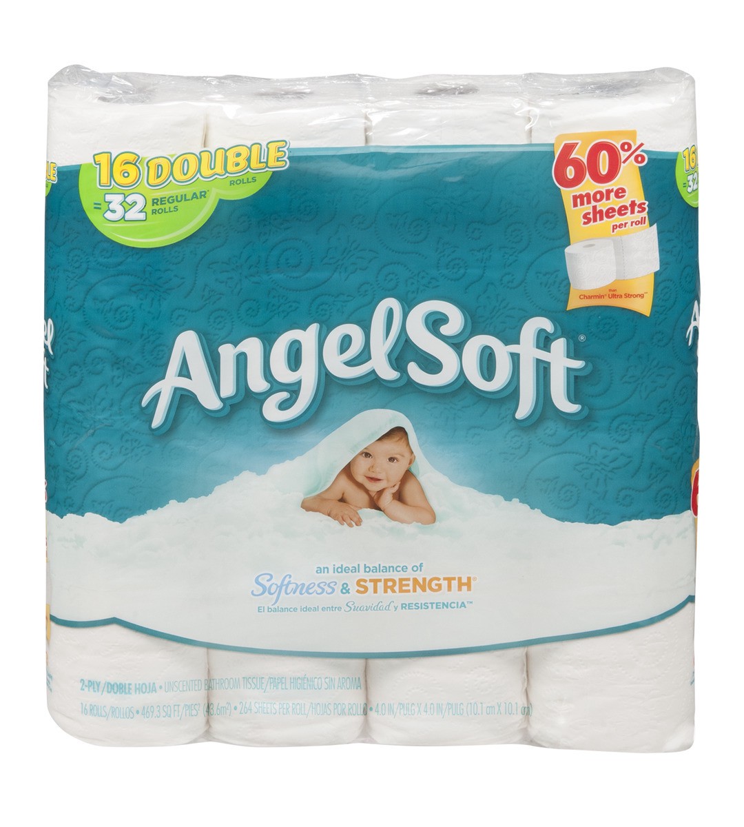 slide 1 of 9, Angel Soft Softness & Strength Unscented 2-Ply Double Rolls Bathroom Tissues, 16 ct