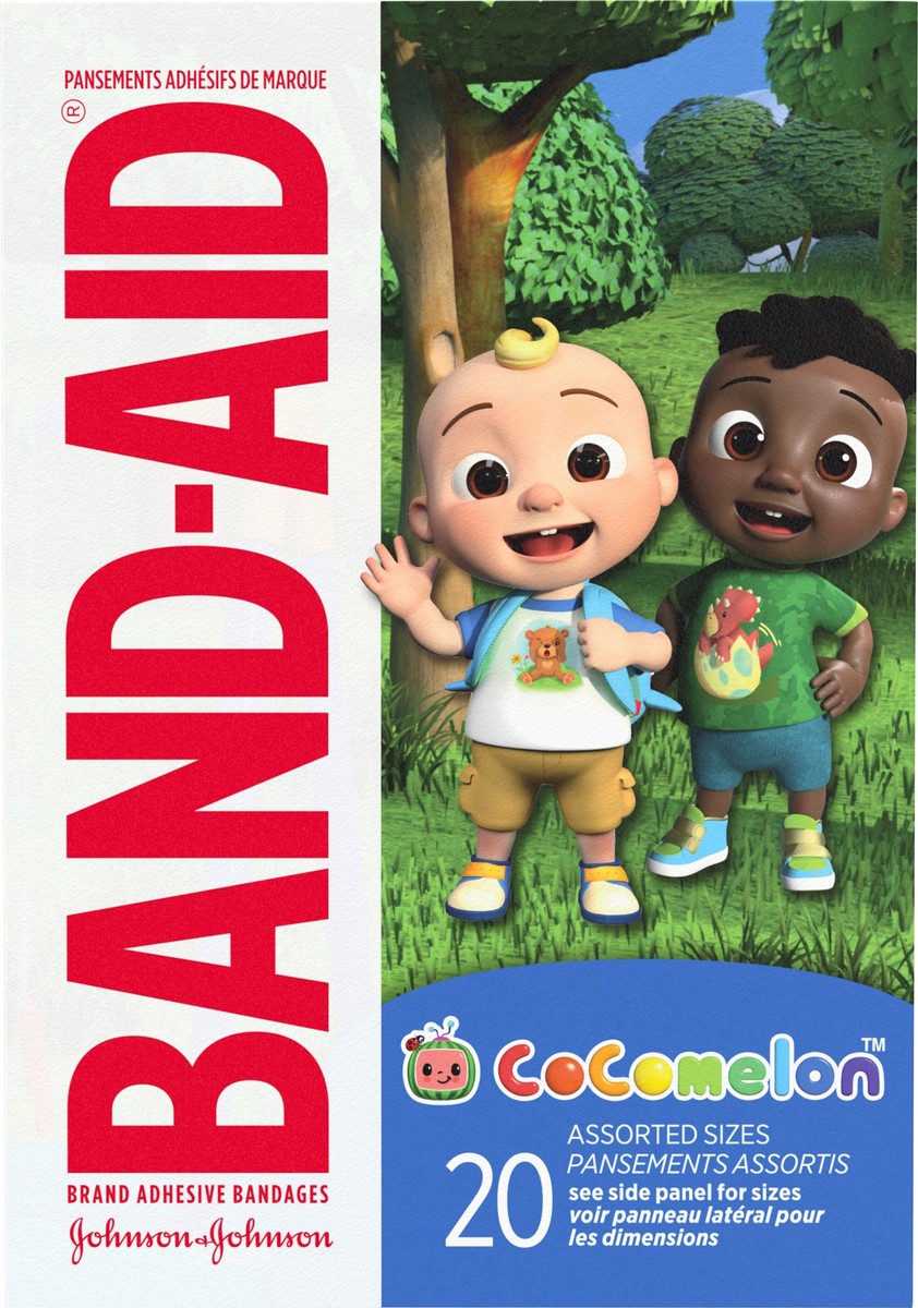 slide 2 of 8, BAND-AID Adhesive First Aid Bandages for Kids & Toddlers Featuring Moonbug CoComelon Characters, Sterile Individually Wrapped Bandages for Minor Cuts & Scrapes, Assorted Sizes, 20 Ct, 20 ct