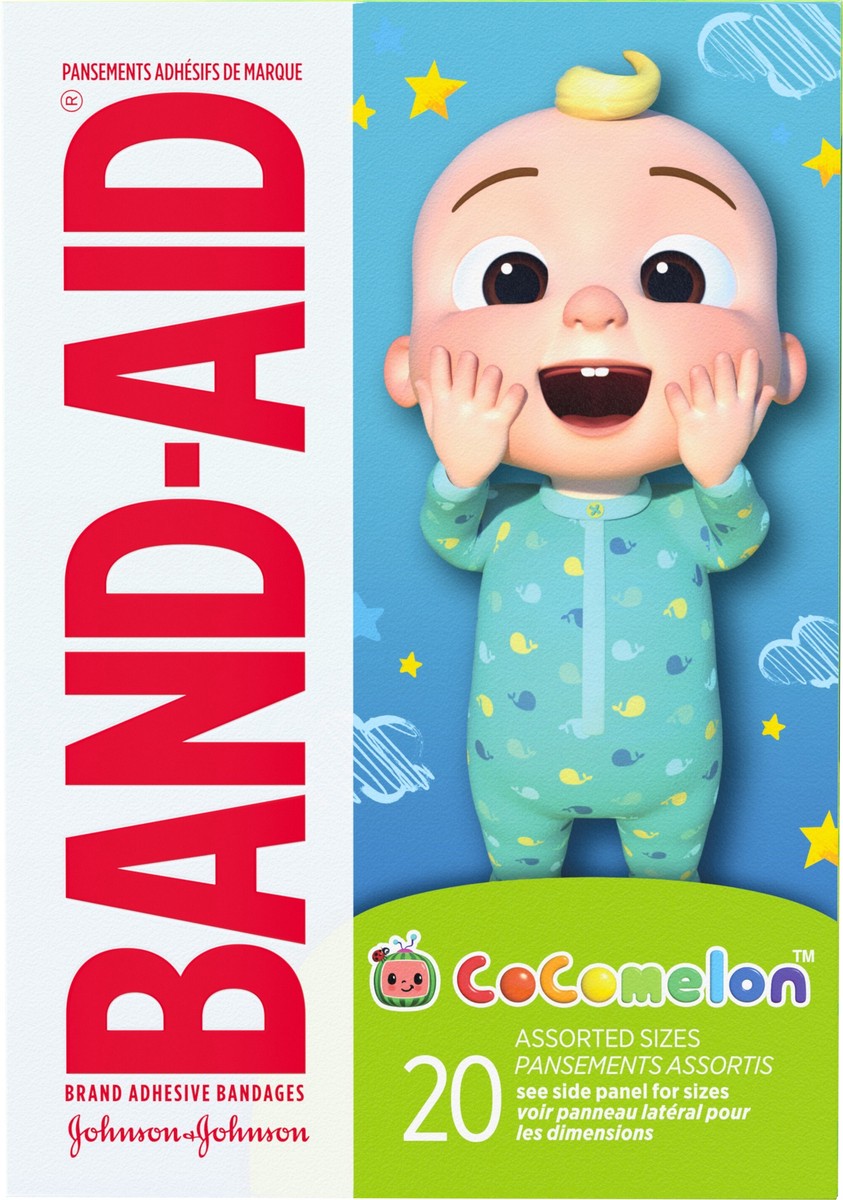 slide 8 of 8, BAND-AID Adhesive First Aid Bandages for Kids & Toddlers Featuring Moonbug CoComelon Characters, Sterile Individually Wrapped Bandages for Minor Cuts & Scrapes, Assorted Sizes, 20 Ct, 20 ct