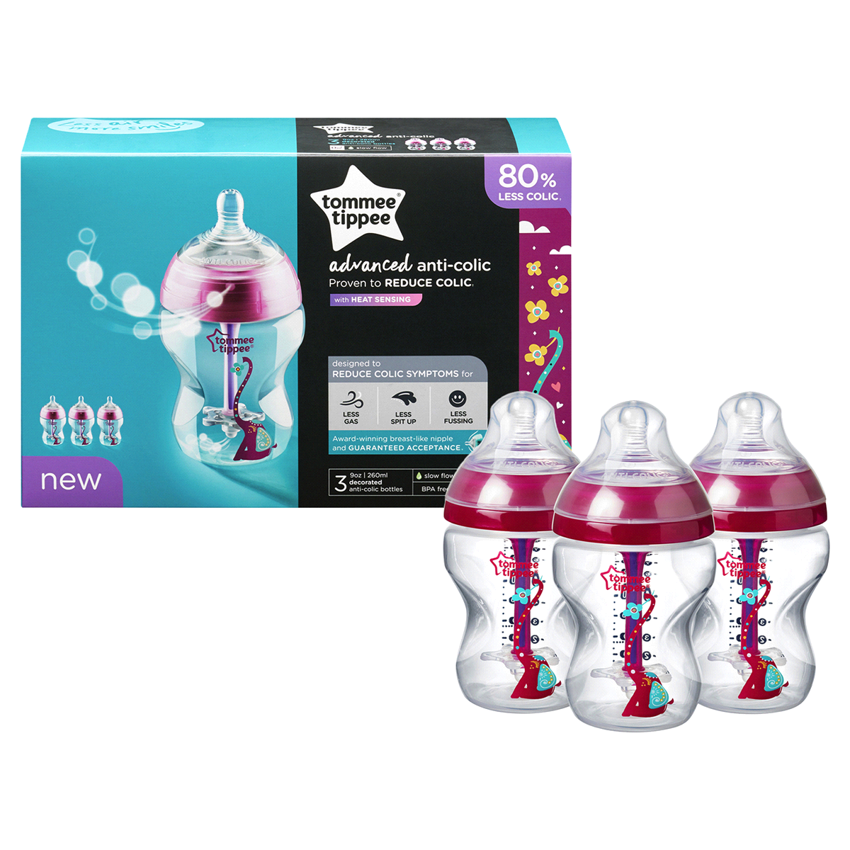 slide 2 of 3, Tommee Tippee Advanced Anti-Colic Baby Bottle - Pink, 3 ct; 9 oz