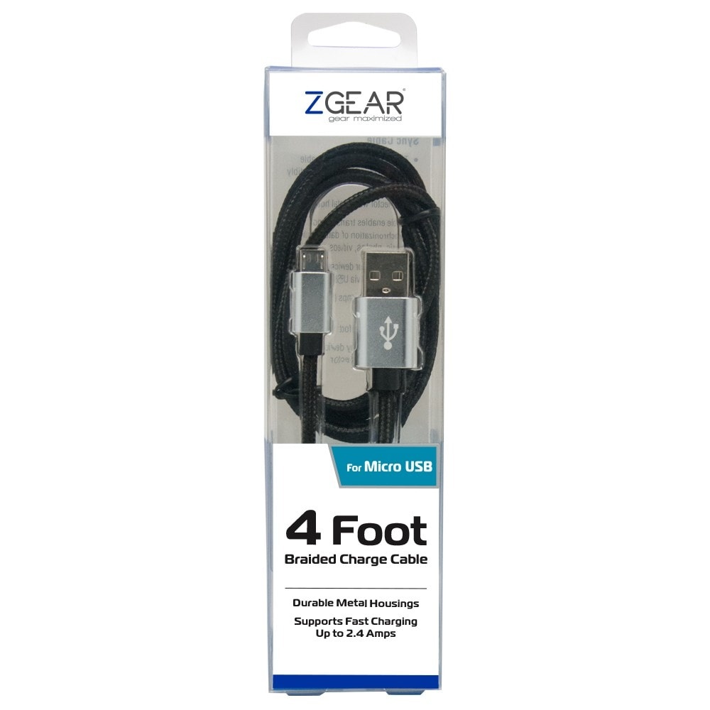 slide 1 of 1, Zgear Braided Micro Usb Charging Cable - Black, 4 ft