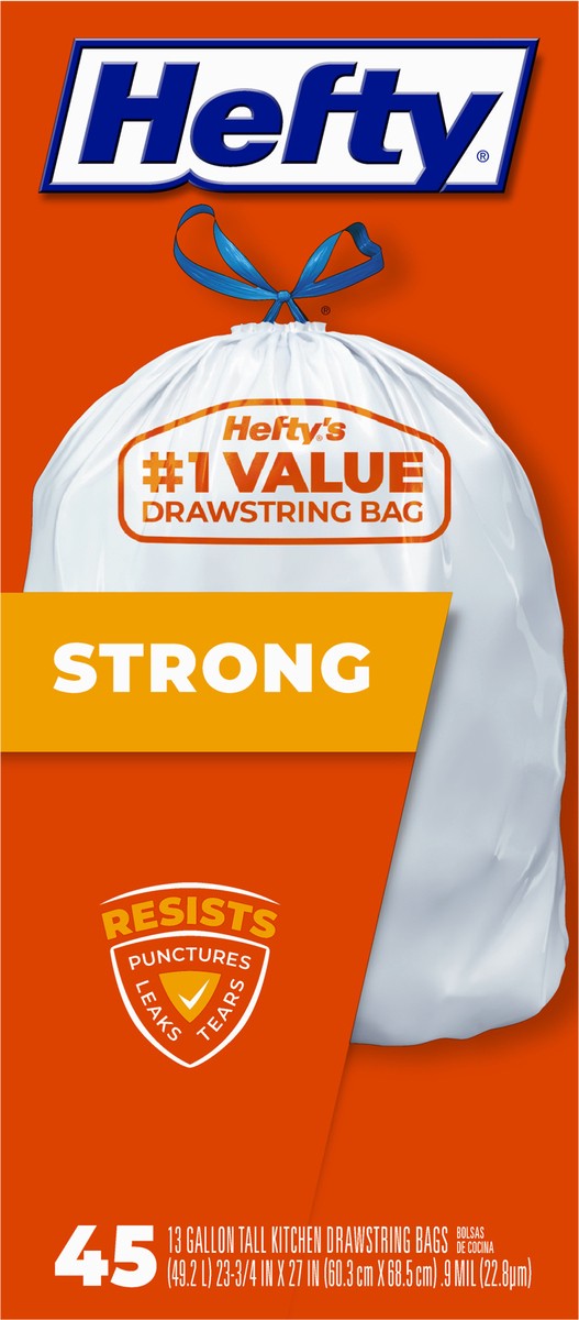 slide 9 of 14, Hefty 13 Gallon Strong Drawstrings Tall Kitchen Bags 45 ea, 45 ct; 13 gal