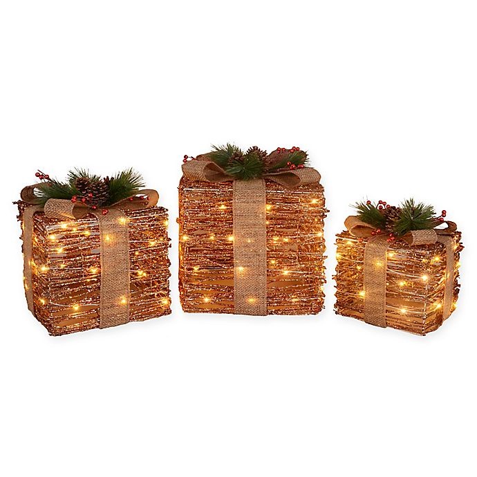 slide 1 of 2, Winter Wonderland LED Decorative Ruby Rattan Gift Boxes, 3 ct