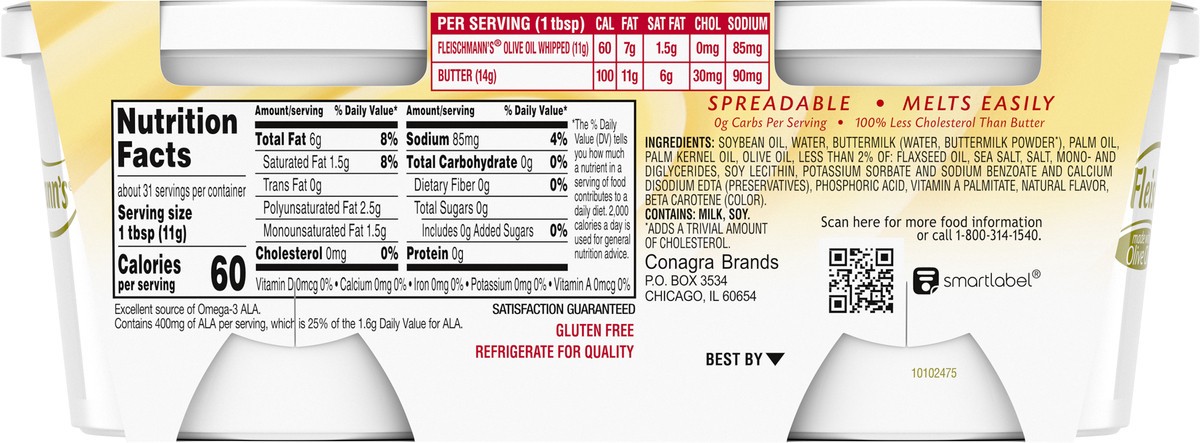 slide 8 of 9, Fleischmann's Olive Oil 60% Whipped Vegetable Oil Spread 12.3 oz, 2 ct; 6.2 oz