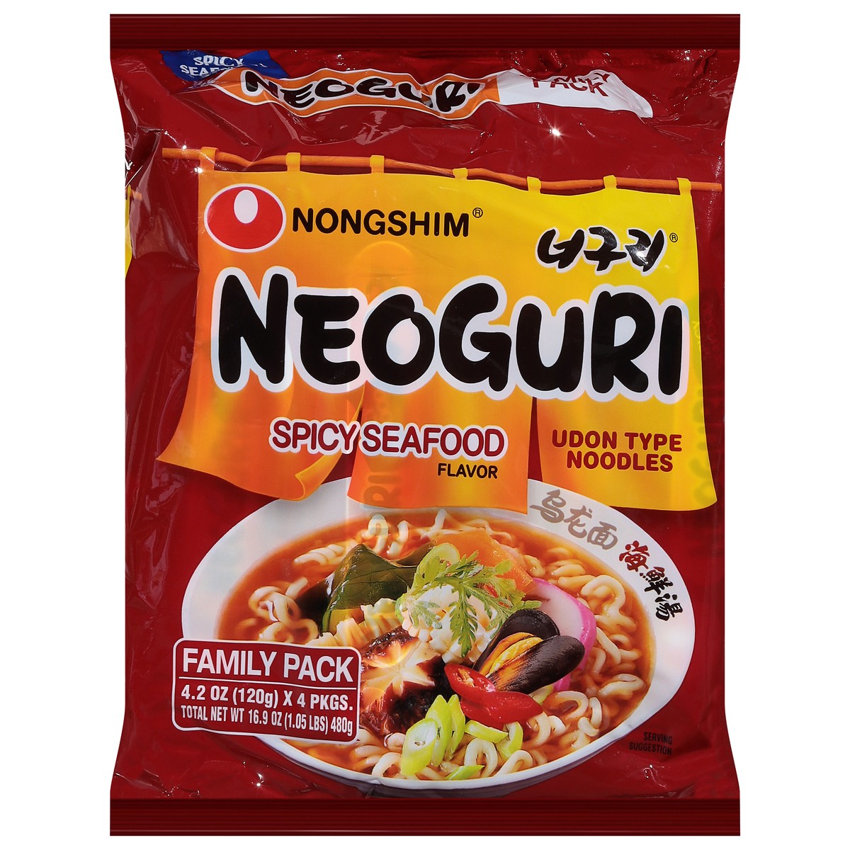 slide 1 of 9, Nongshim Family Pack Neoguri Udon Type Spicy Seafood Flavor Noodles 4 - 4.2 oz Packs, 4 ct