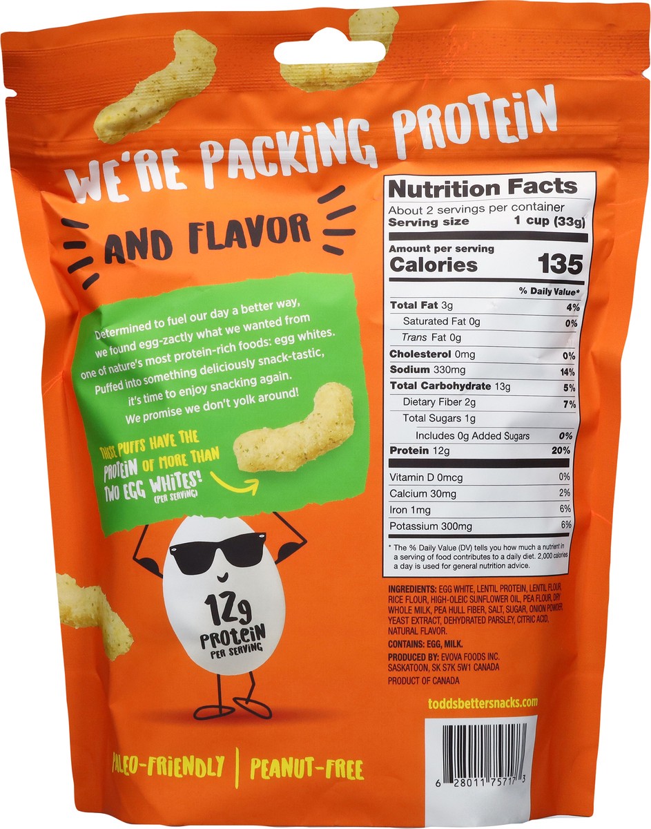 slide 6 of 14, Todd's Better Snacks Egg-Cellent Sour Cream & Onion Flavor Protein Puffs - 2.5 oz, 2.5 oz