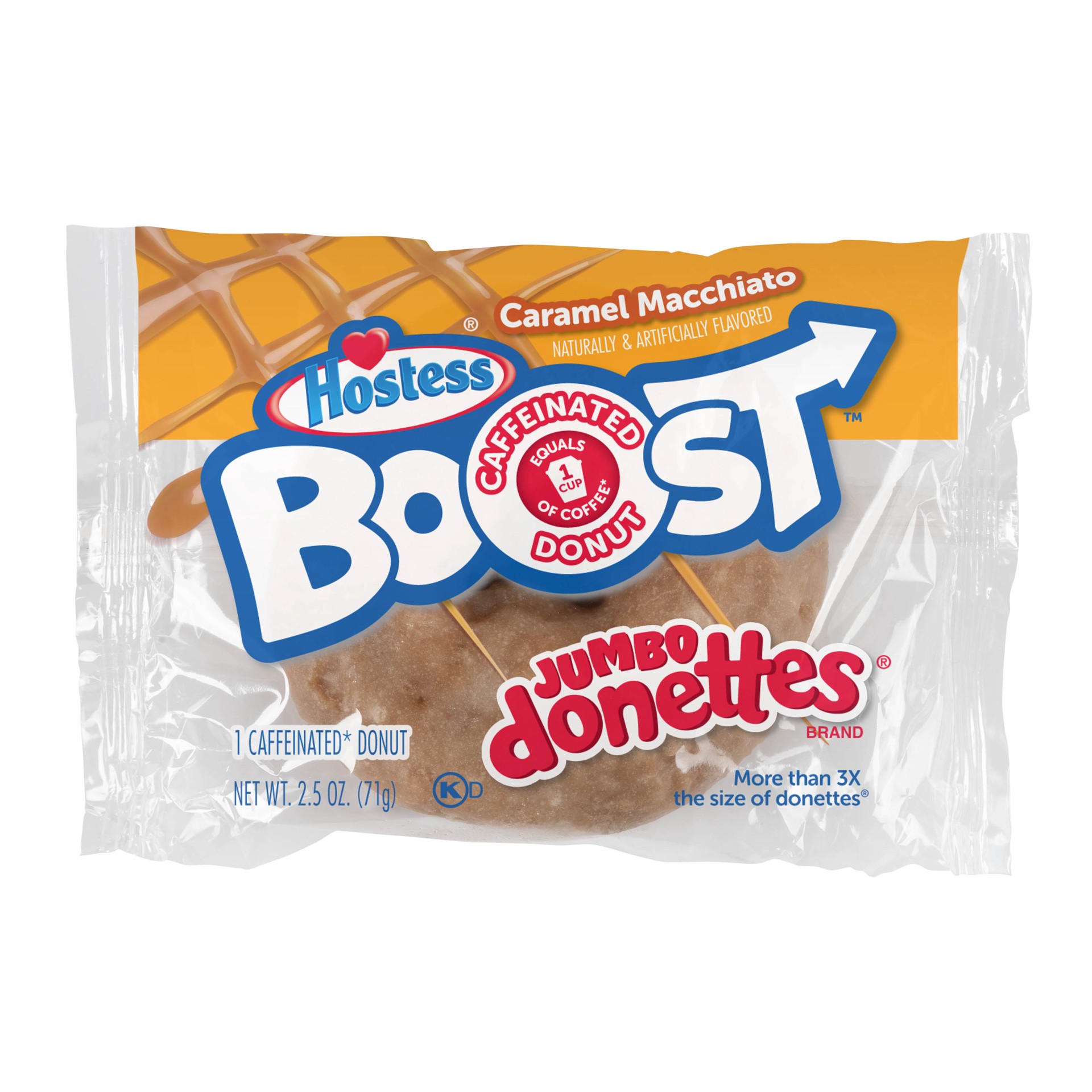 slide 1 of 10, HOSTESS Boost Caramel Macchiato Flavored Jumbo DONETTES, Caffeinated Donut, Single Serving, 1 Count, 2.5 oz, 2.5 oz