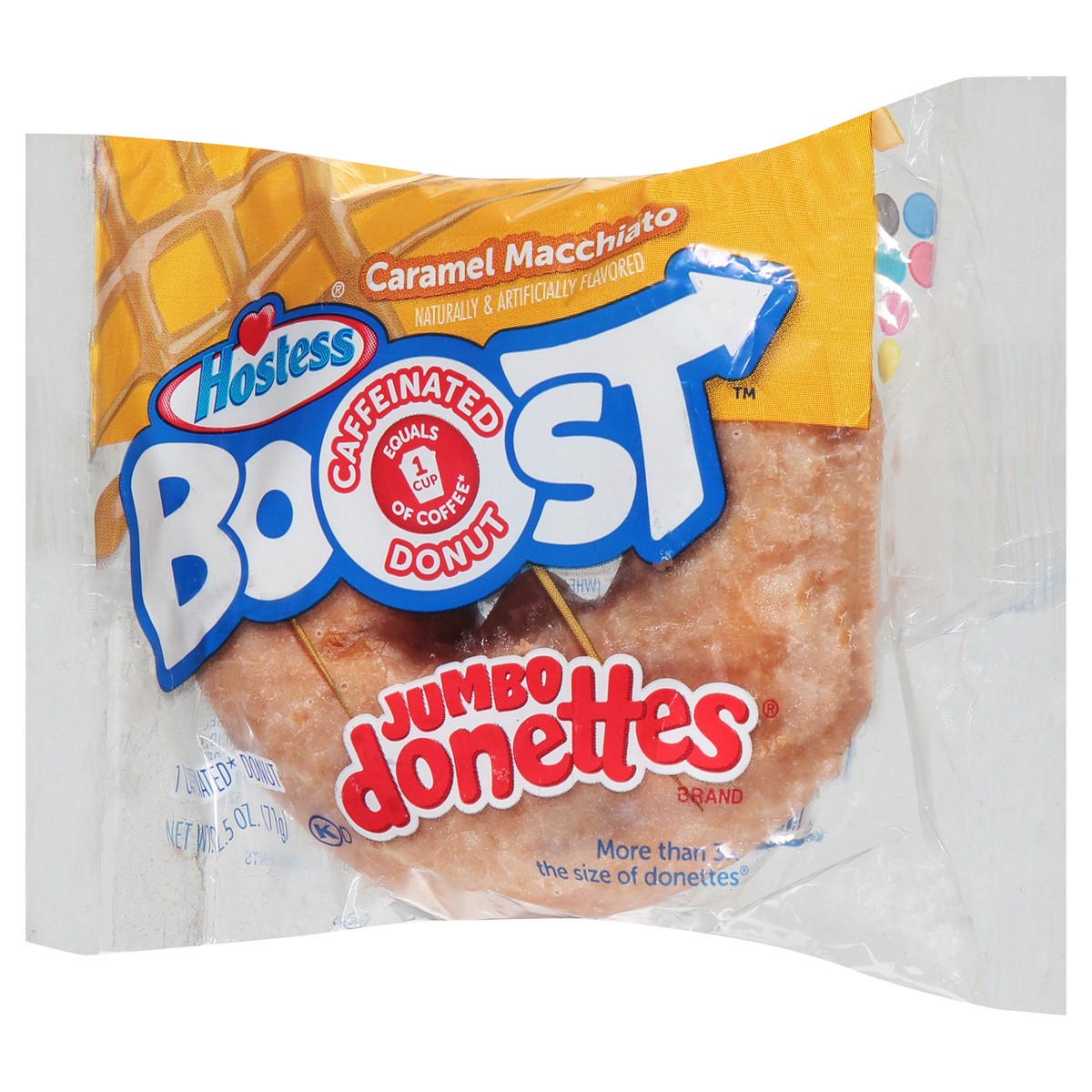 slide 4 of 10, HOSTESS Boost Caramel Macchiato Flavored Jumbo DONETTES, Caffeinated Donut, Single Serving, 1 Count, 2.5 oz, 2.5 oz