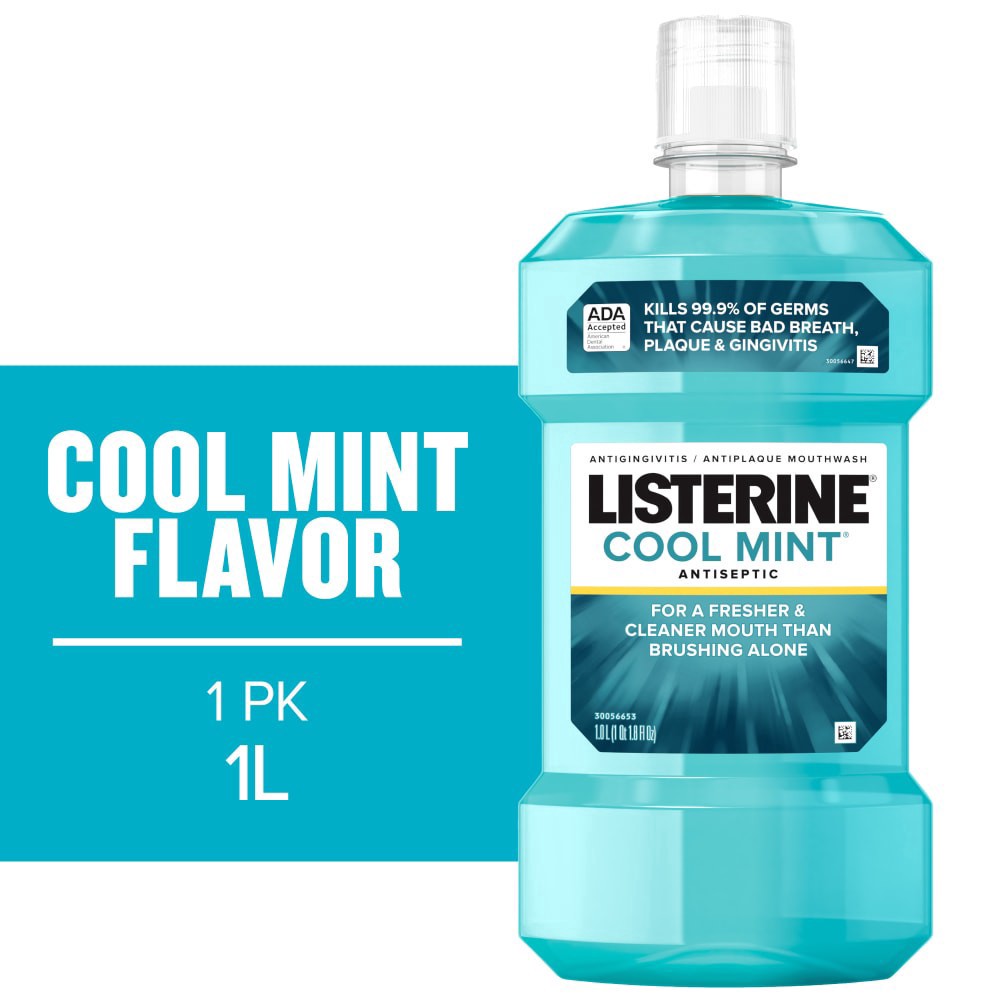 slide 1 of 6, Listerine Cool Mint Intense Antiseptic Mouthwash for Bad Breath, 1 L, 1 liter