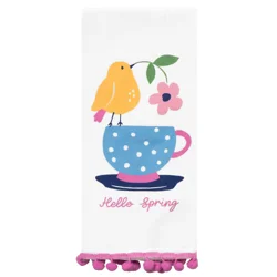 Meijer Corporate Seasonal Easter Spring Birds Teacup Dual Kitchen Towel With Pom Poms, 16 in x 26 in