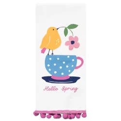 Meijer Corporate Seasonal Easter Spring Birds Teacup Dual Kitchen Towel With Pom Poms, 16 in x 26 in