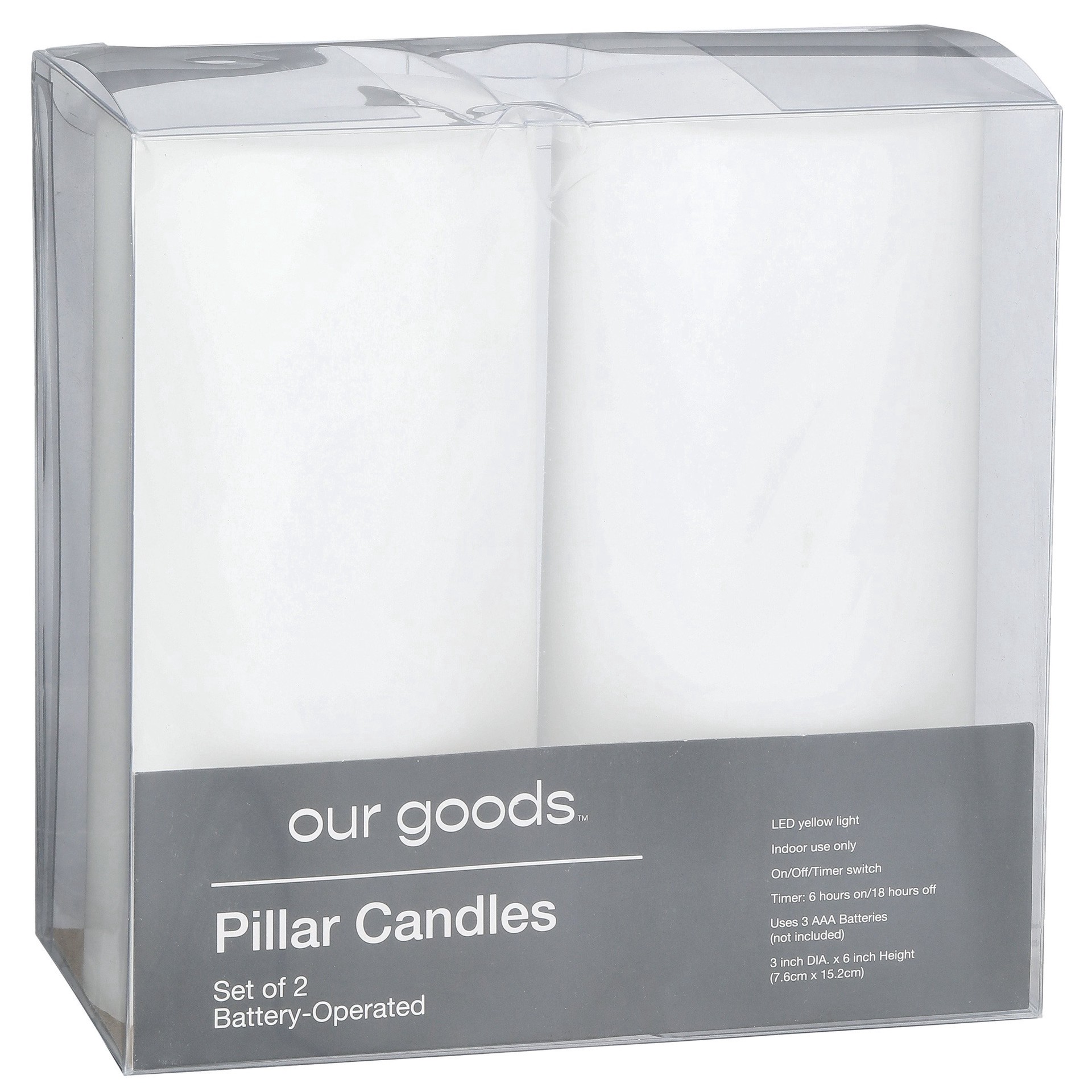 slide 1 of 1, our goods LED Pillar Candle, 2 pk, 6ftft