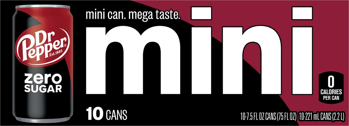 slide 8 of 12, Dr Pepper Zero Sugar Soda, 7.5 fl oz mini cans, 10 pack, 10 ct