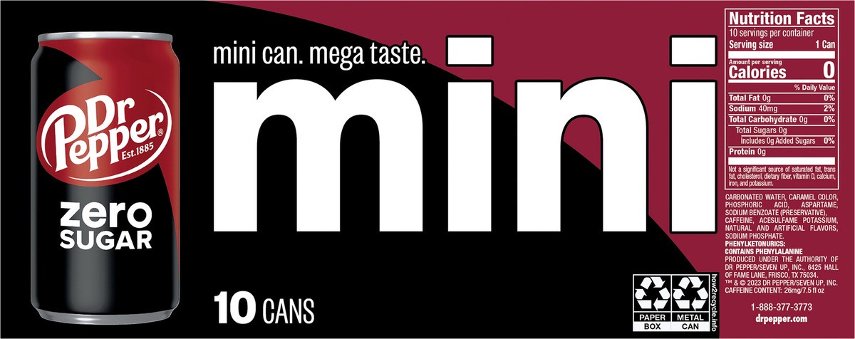 slide 12 of 12, Dr Pepper Zero Sugar Soda, 7.5 fl oz mini cans, 10 pack, 10 ct