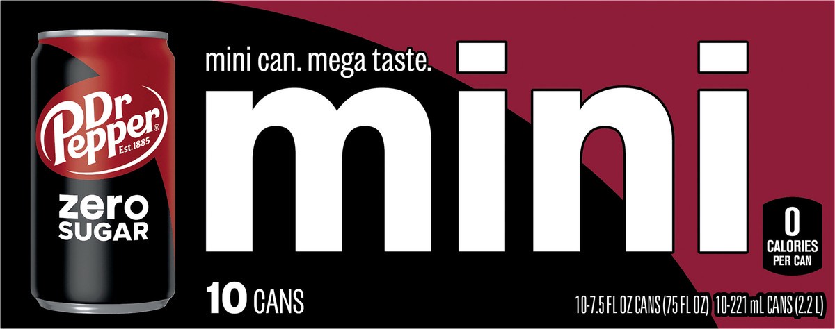 slide 10 of 12, Dr Pepper Zero Sugar Soda, 7.5 fl oz mini cans, 10 pack, 10 ct