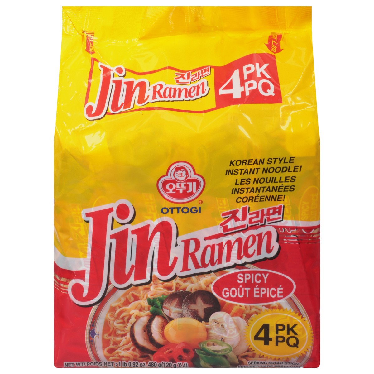 slide 1 of 9, Ottogi Jin Ramen Spicy Flavor Pack 4 Count - 16.93 Oz, 4 ct