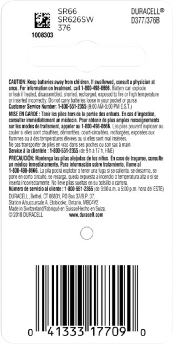 slide 3 of 5, Duracell Silver Oxide Batteries provide reliable, long-lasting power for your specialty devices. These batteries have up to a 4-year guarantee in storage and they will be ready when you need them., 1 ct