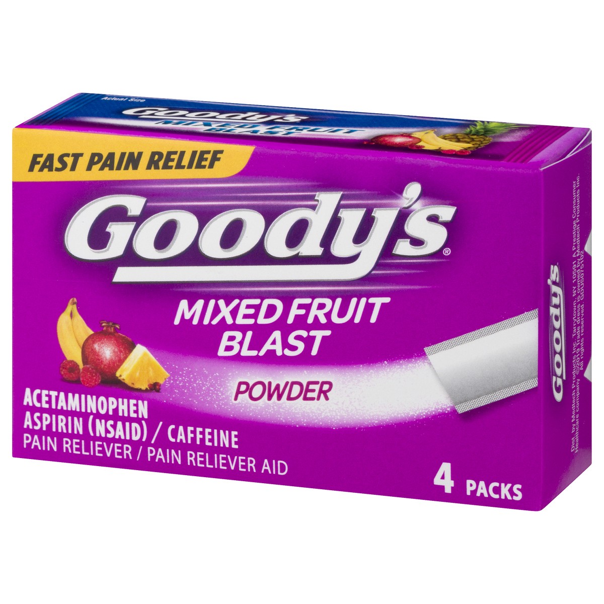 slide 4 of 12, Goody's Goody''s Headache Powder, Headache Relief with Acetaminophen and Aspirin, Mixed Fruit Blast Flavor Dissolve Packs, 4 Count, 4 ct