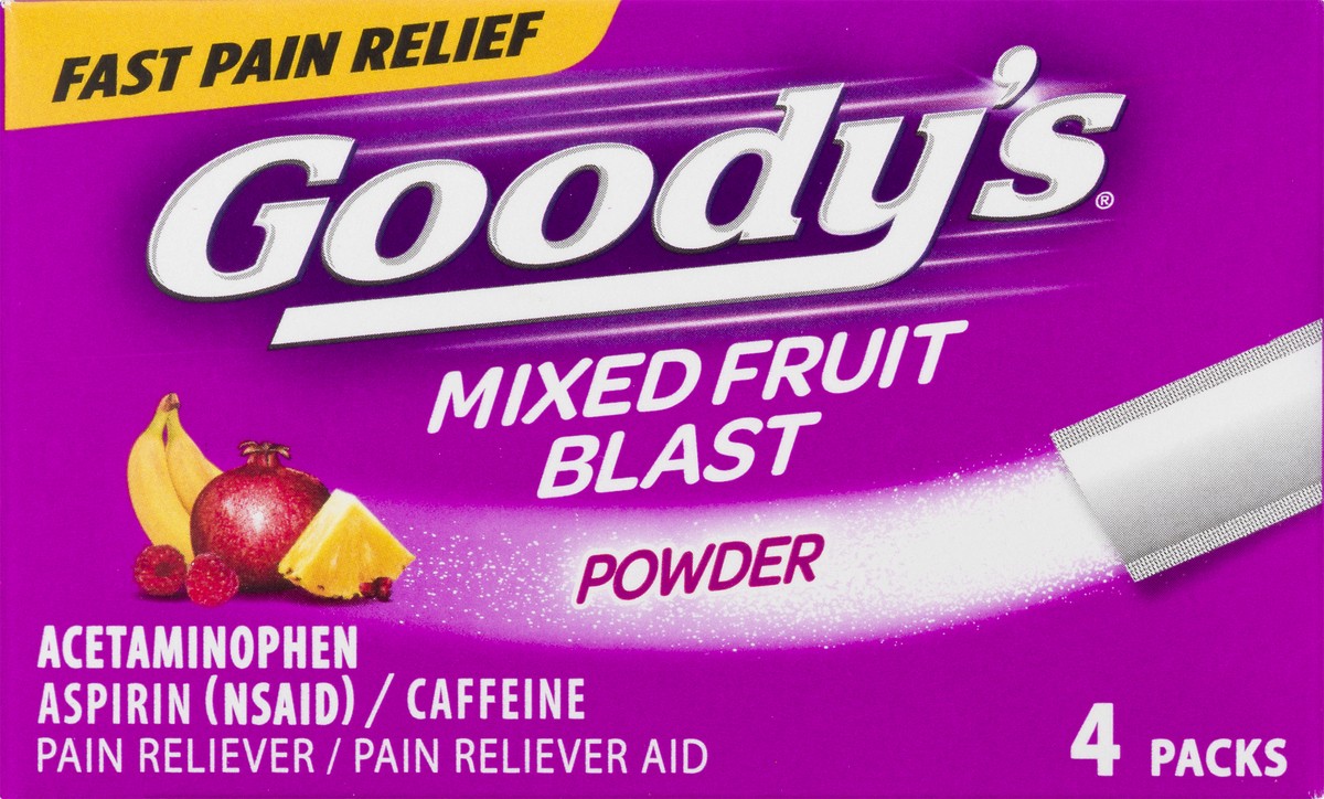 slide 2 of 12, Goody's Goody''s Headache Powder, Headache Relief with Acetaminophen and Aspirin, Mixed Fruit Blast Flavor Dissolve Packs, 4 Count, 4 ct