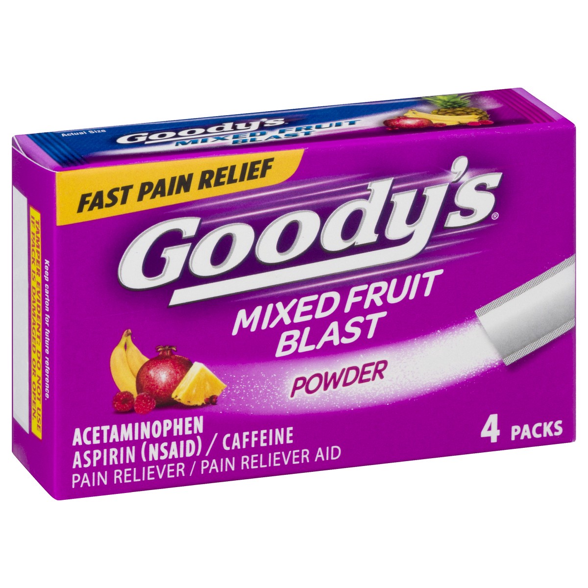 slide 6 of 12, Goody's Goody''s Headache Powder, Headache Relief with Acetaminophen and Aspirin, Mixed Fruit Blast Flavor Dissolve Packs, 4 Count, 4 ct