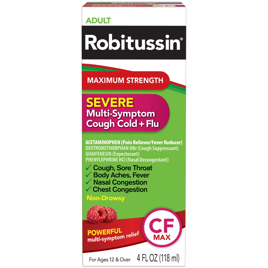 slide 1 of 6, Robitussin Maximum Strength Severe Multisymptom Cough Cold Flu Liquid, 4 fl oz