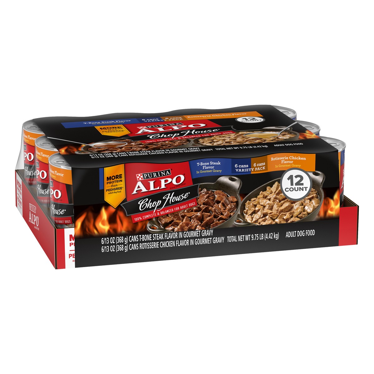 slide 3 of 9, Purina ALPO Gravy Wet Dog Food Variety Pack, Chop House T-Bone Steak & Rotisserie Chicken Flavor, 9.75 lb