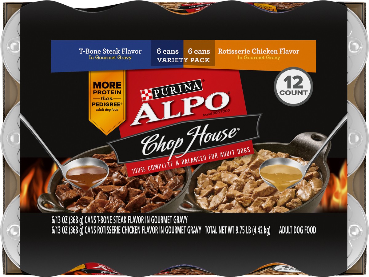 slide 7 of 9, Purina ALPO Gravy Wet Dog Food Variety Pack, Chop House T-Bone Steak & Rotisserie Chicken Flavor, 9.75 lb