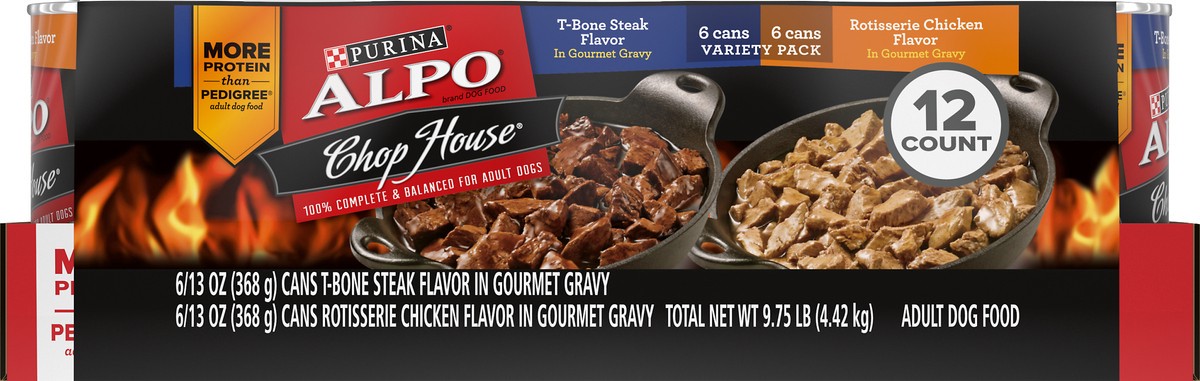 slide 5 of 9, Purina ALPO Gravy Wet Dog Food Variety Pack, Chop House T-Bone Steak & Rotisserie Chicken Flavor, 9.75 lb