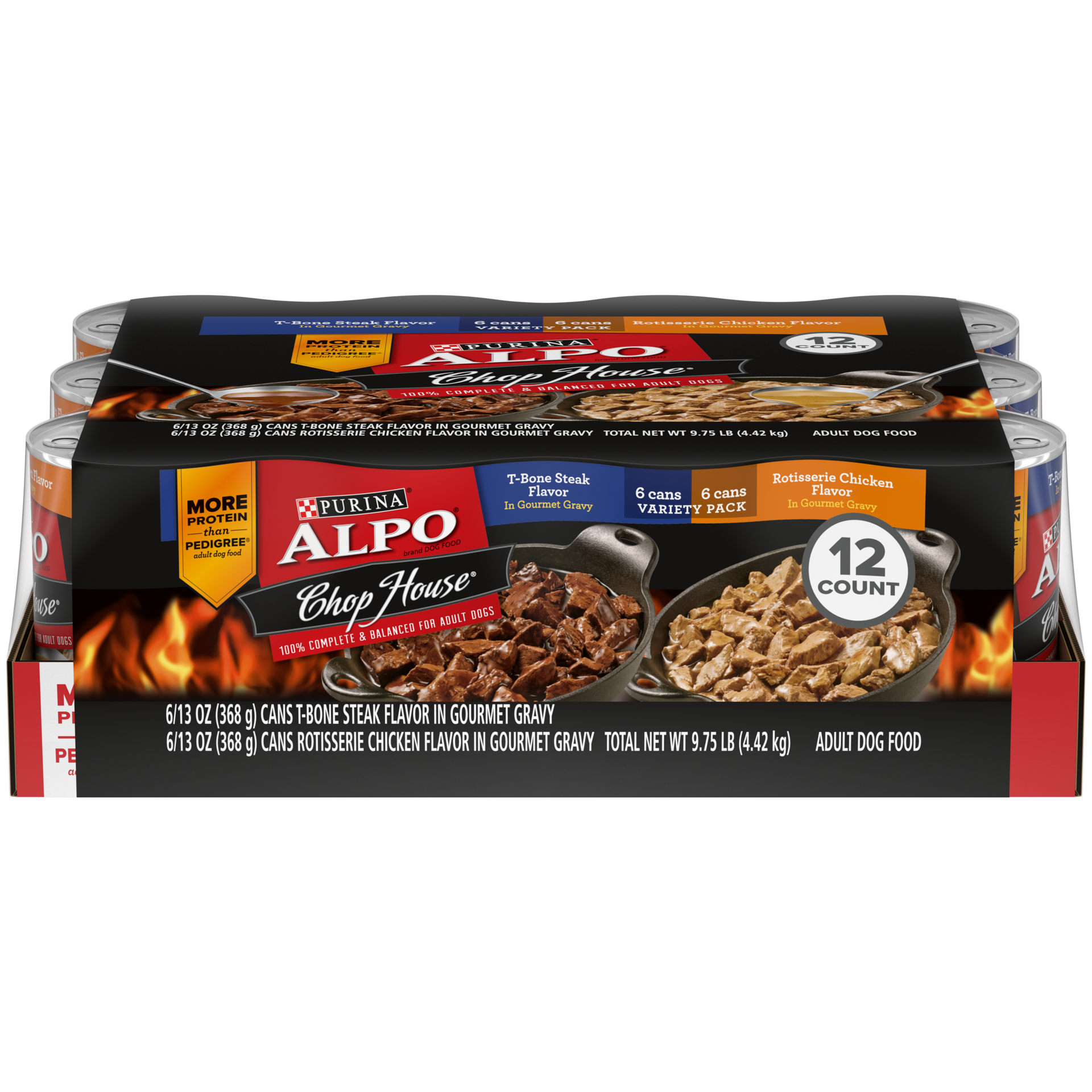 slide 1 of 9, Purina ALPO Gravy Wet Dog Food Variety Pack, Chop House T-Bone Steak & Rotisserie Chicken Flavor, 9.75 lb