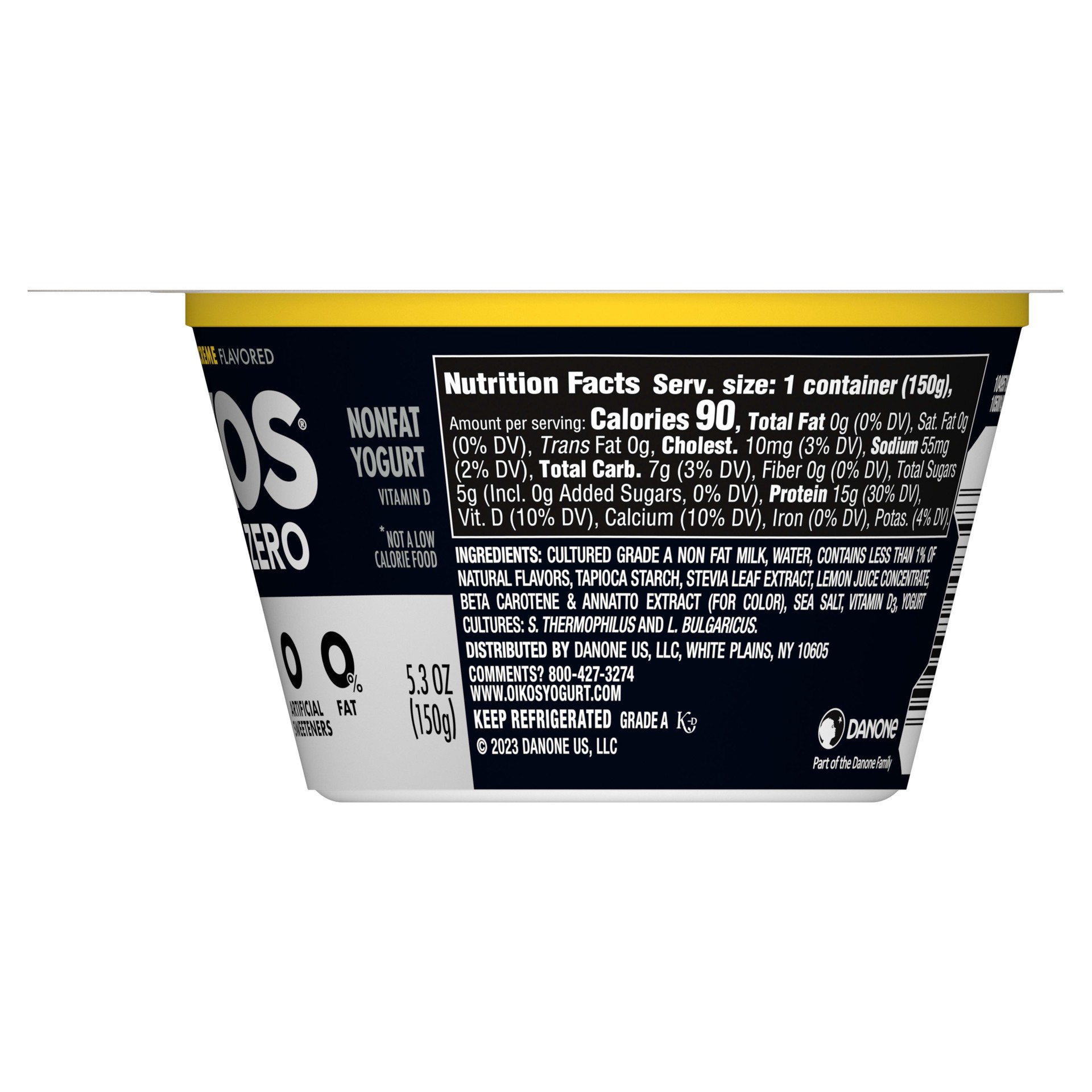 slide 3 of 5, Oikos Triple Zero Banana Creme Nonfat Greek Yogurt, 0% Fat, 0g Added Sugar and 0 Artificial Sweeteners, High Protein Yogurt, 5.3 OZ Cup, 5.3 oz