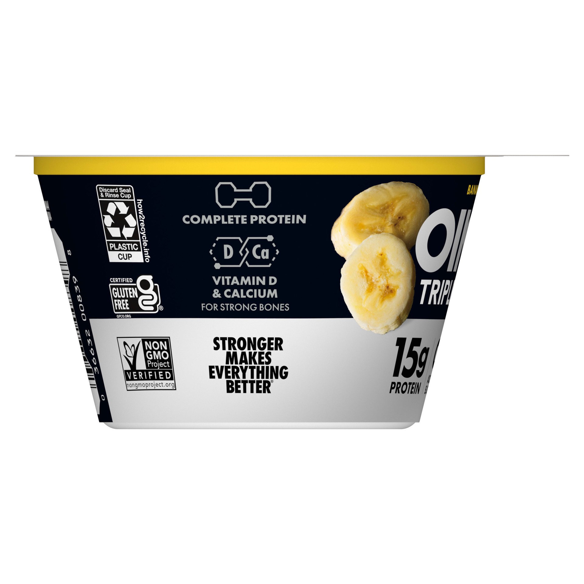 slide 4 of 5, Oikos Triple Zero Banana Creme Nonfat Greek Yogurt, 0% Fat, 0g Added Sugar and 0 Artificial Sweeteners, High Protein Yogurt, 5.3 OZ Cup, 5.3 oz