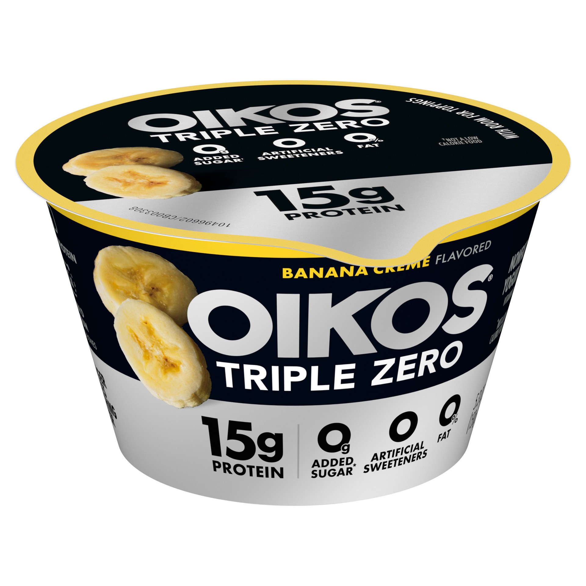 slide 2 of 5, Oikos Triple Zero Banana Creme Nonfat Greek Yogurt, 0% Fat, 0g Added Sugar and 0 Artificial Sweeteners, High Protein Yogurt, 5.3 OZ Cup, 5.3 oz