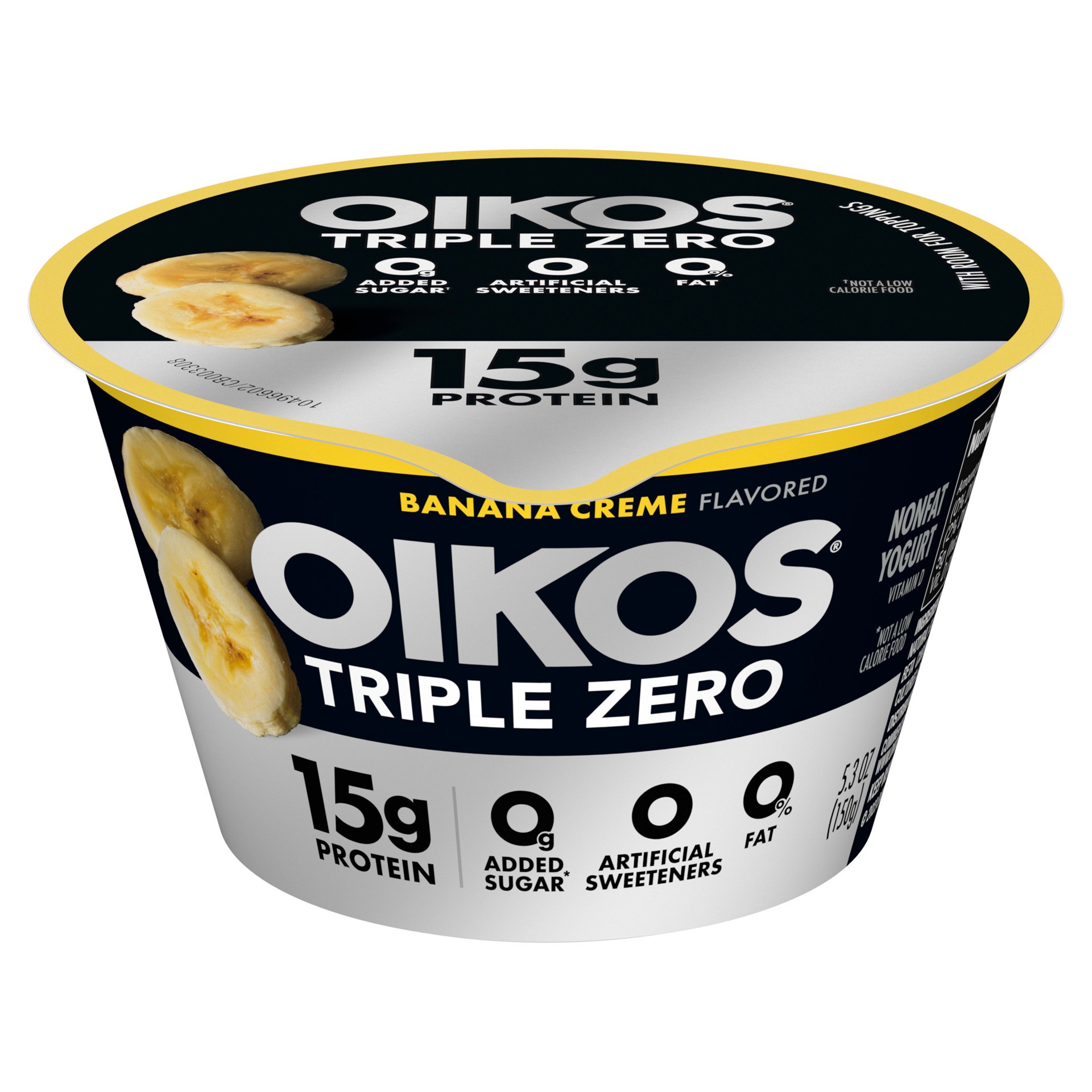 slide 1 of 5, Oikos Triple Zero Banana Creme Nonfat Greek Yogurt, 0% Fat, 0g Added Sugar and 0 Artificial Sweeteners, High Protein Yogurt, 5.3 OZ Cup, 5.3 oz