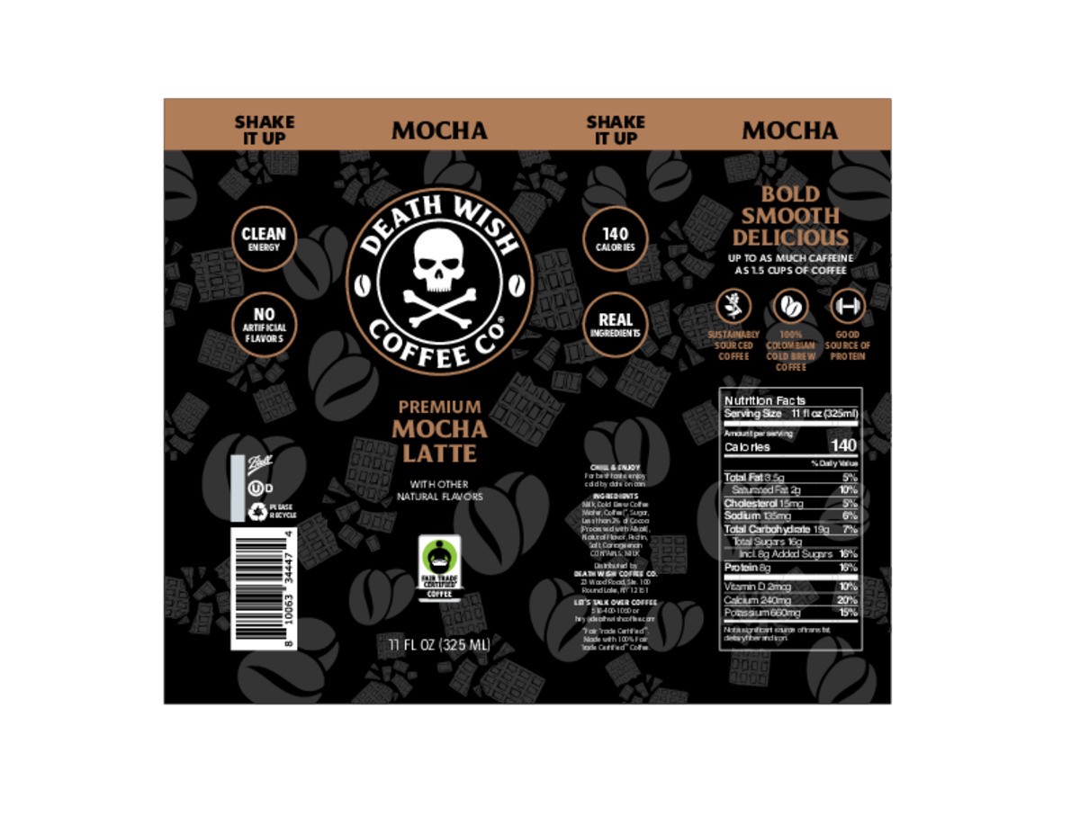 slide 7 of 9, Death Wish Coffee Co. Death Wish Coffee, Premium Mocha Latte, 100% Colombian Cold Brew Fair Trade™ Coffee, 11oz Can, 11 fl oz