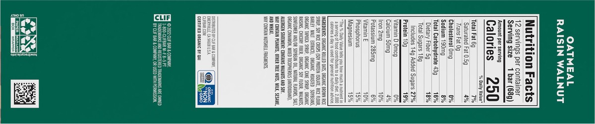 slide 4 of 9, CLIF BAR - Oatmeal Raisin Walnut - Made with Organic Oats - 10g Protein - Non-GMO - Plant Based - Energy Bars - 2.4 oz. (12 Count), 28.8 oz