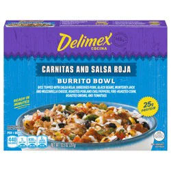 Delimex Burrito Bowl Frozen Meal, 1 Box, for Easy Meals and Bold Mexican Flavor, Carnitas and Salsa Roja, No Preservatives, Artificial Flavors or Artificial Colors, 10.5 oz